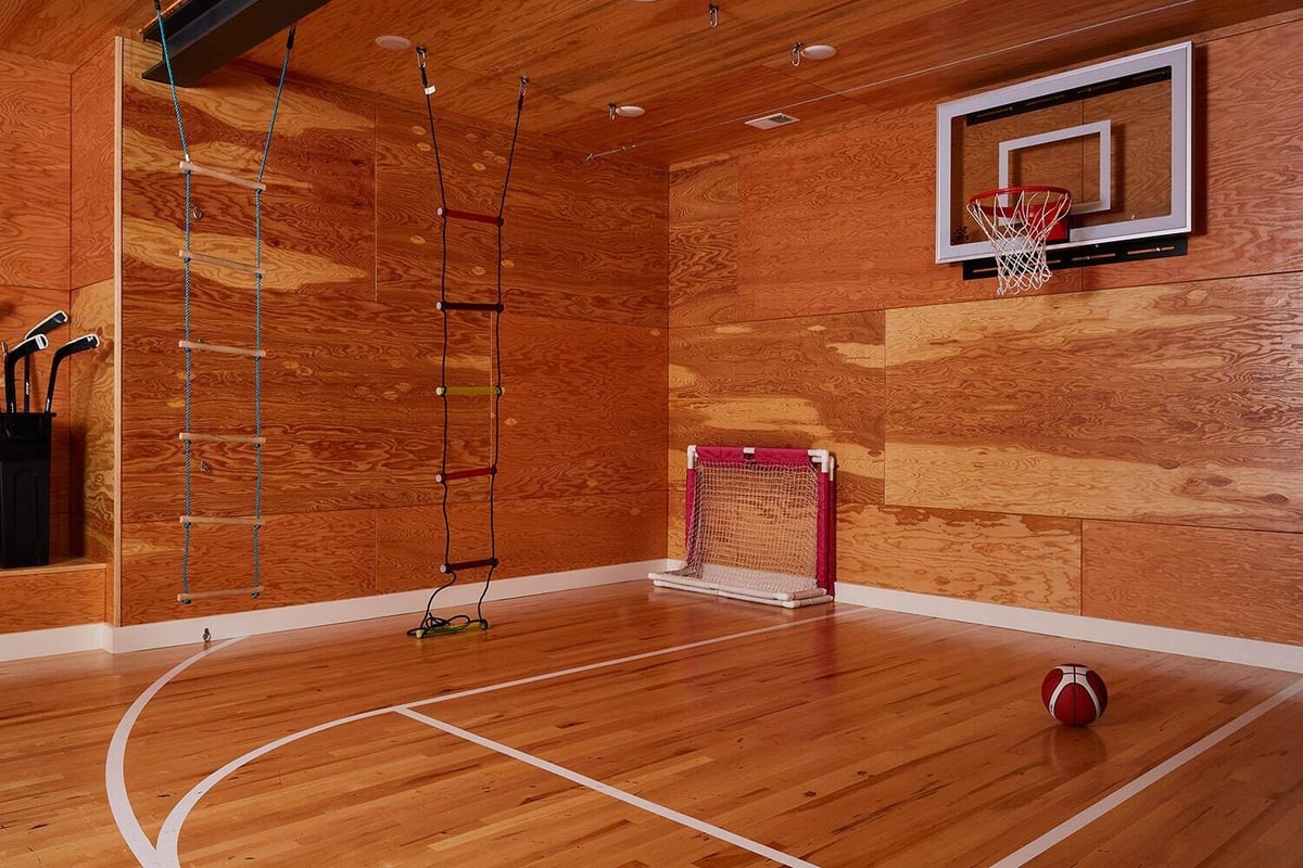 Indoor basketball court with climbing ropes and a hockey net, designed by MA Peterson in the Twin Cities