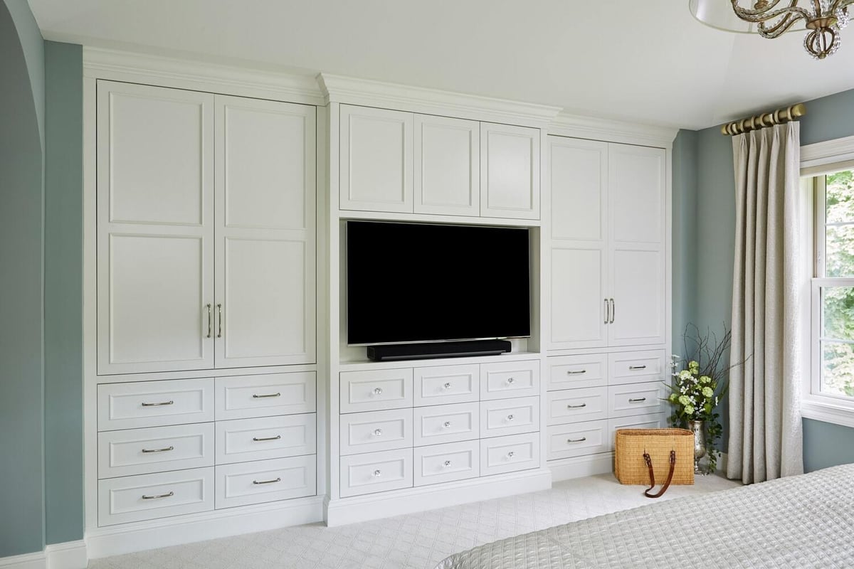 Custom entertainment center with white cabinetry in a Twin Cities owners suite by MA Peterson