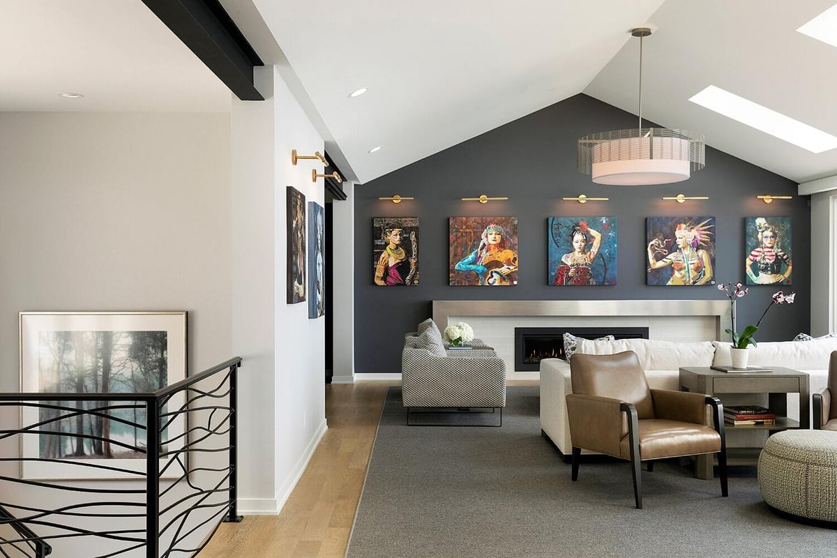 Modern living room design with artistic wall decor, completed by MA Peterson in Twin Cities