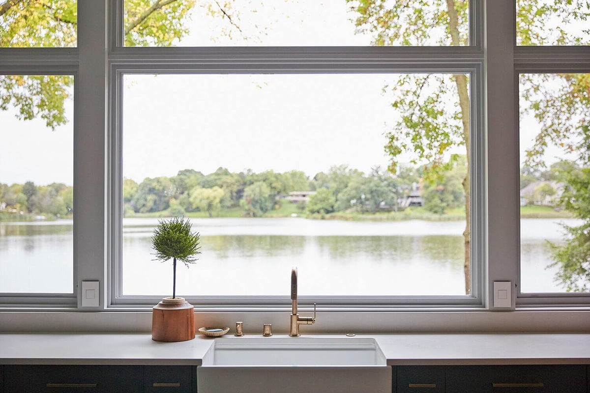 Modern kitchen window overlooking Lake Cornelia, MA Peterson, Twin Cities