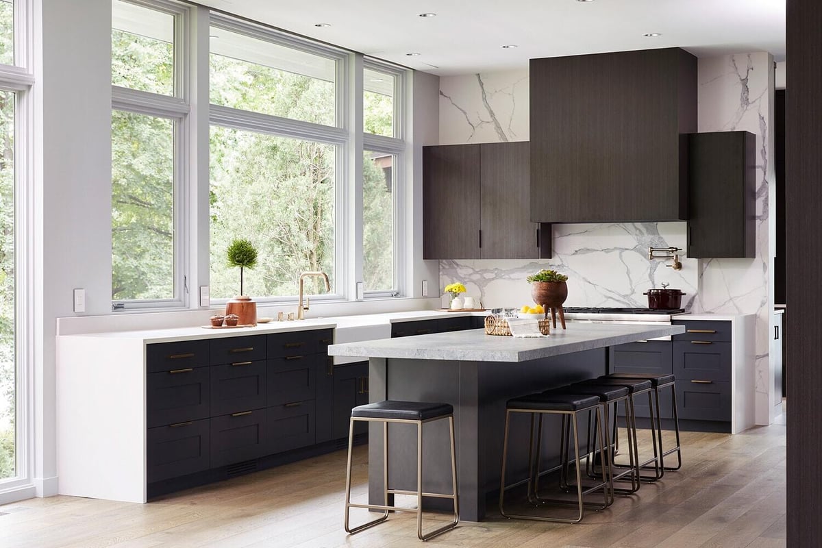 Modern kitchen with island and large windows, MA Peterson, Twin Cities