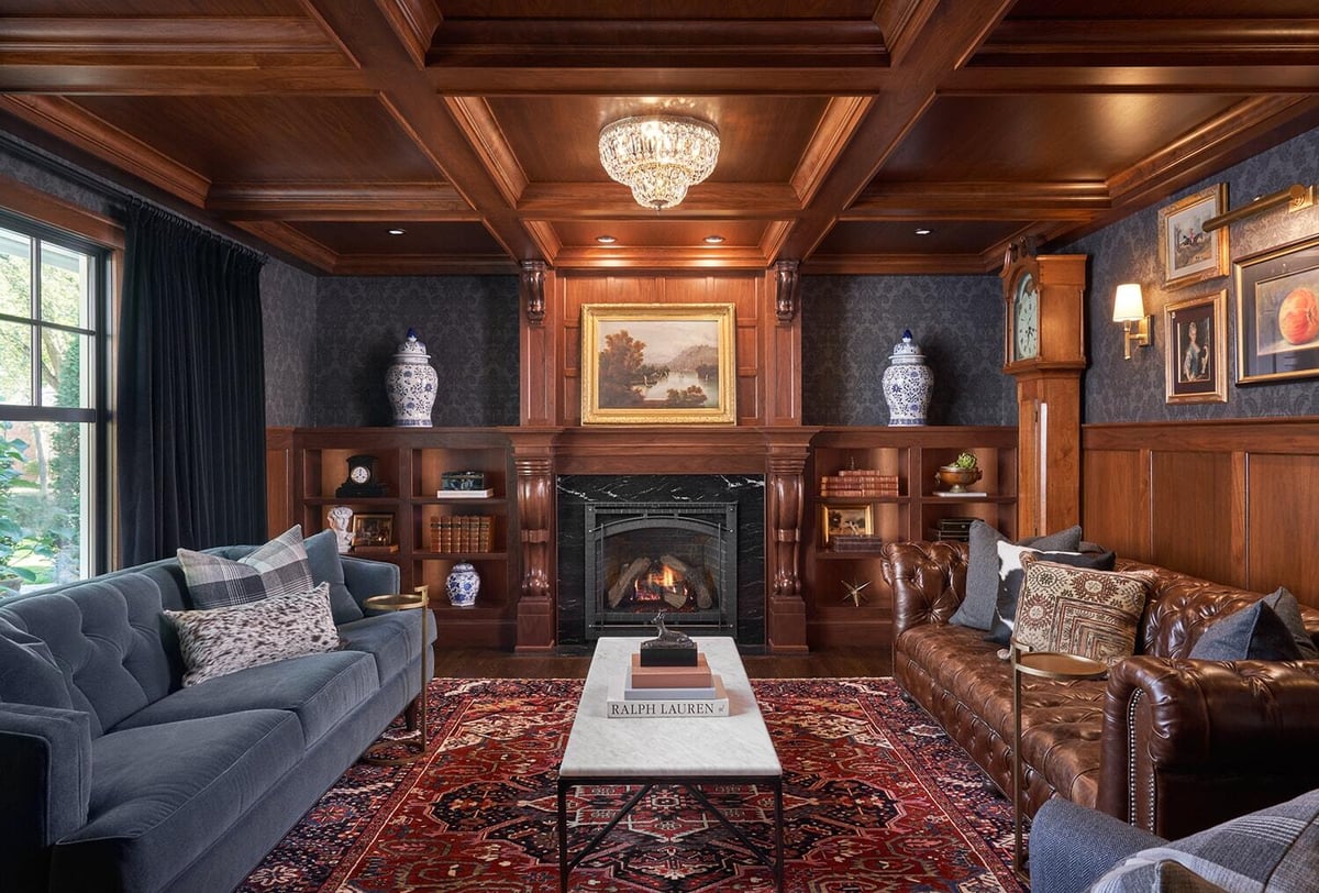 Traditional living room with a coffered ceiling and fireplace with emphasis on style and decor by MA Peterson in Twin 