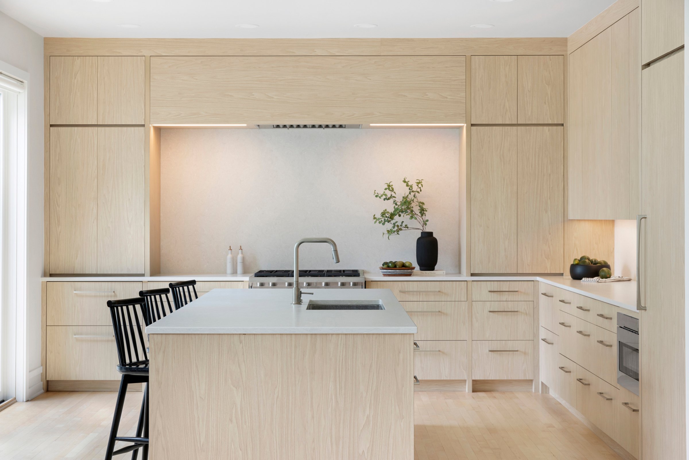 warm modern kitchen, lights on