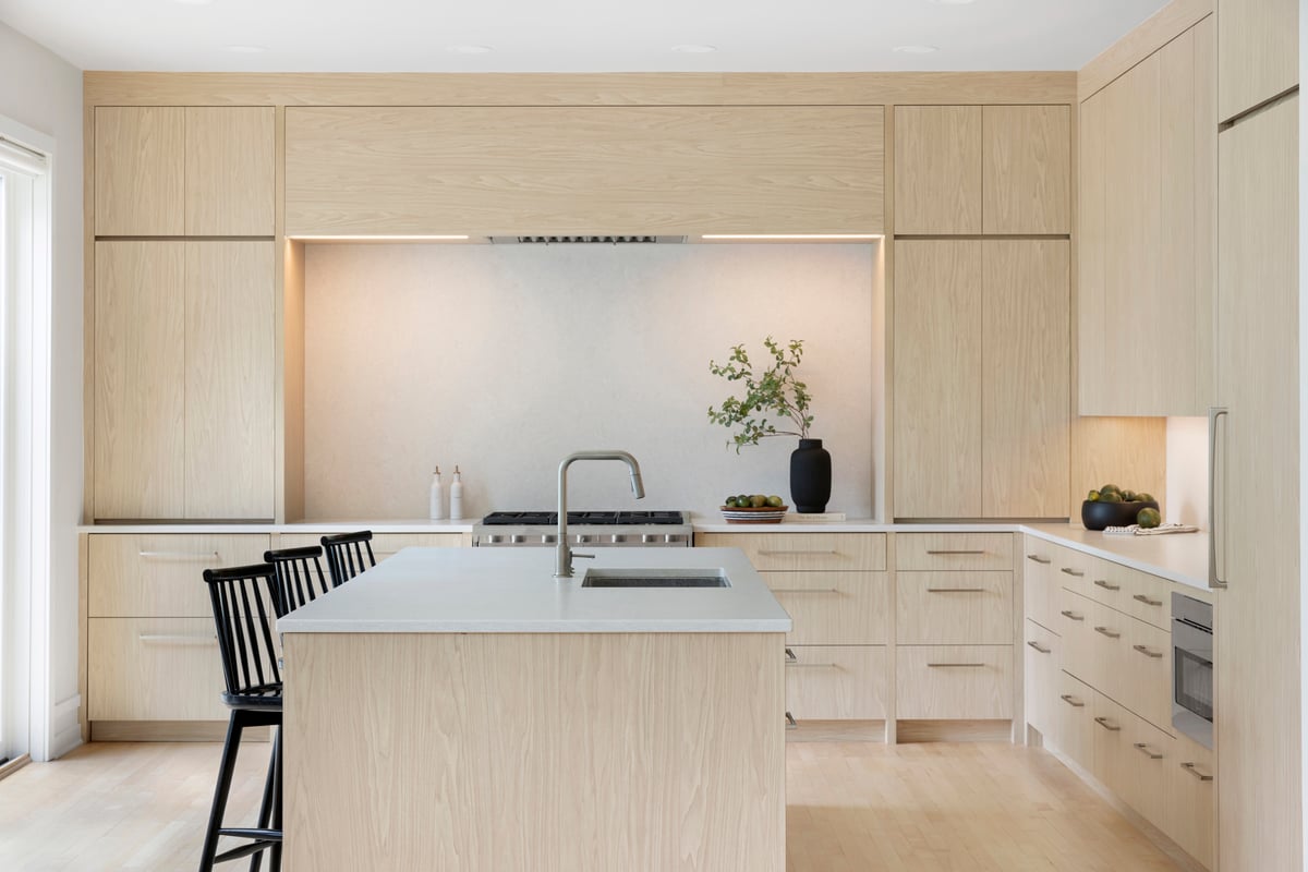 warm modern kitchen, lights on